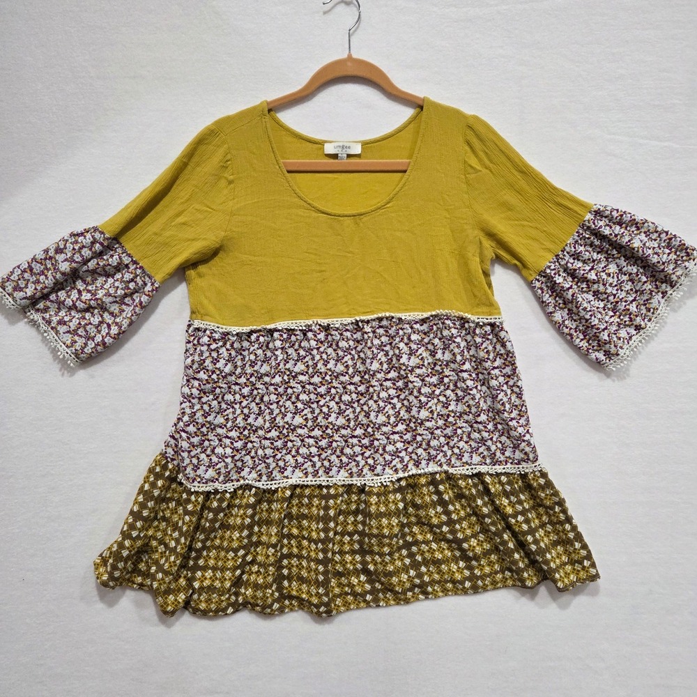 Boho lightweight Babydoll Mixed Print Floral Tiered Tunic Top Bell Sleeve Large